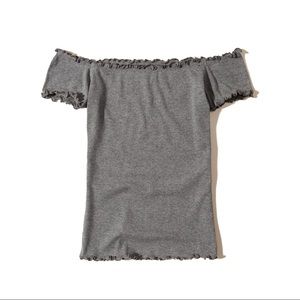 Hollister Off The Shoulder Ruffle Trim Gray Top